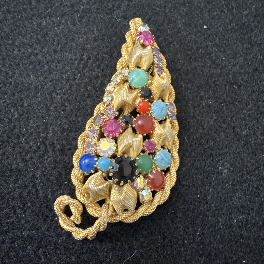 Hobe Signed Vintage Semi Precious Stones Large Leaf Brooch Gold Tone EUC